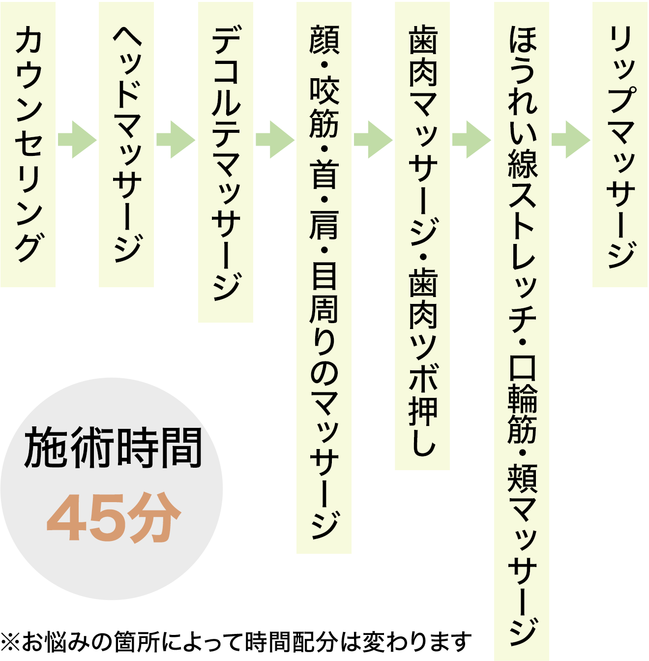 コースの流れ：カウンセリング→歯肉マッサージ→唾液腺マッサージ→デコルテ・肩・首・顔マッサージ→咬筋・頭皮マッサージ／施術時間 45分／※お悩みの箇所によって時間配分は変わります