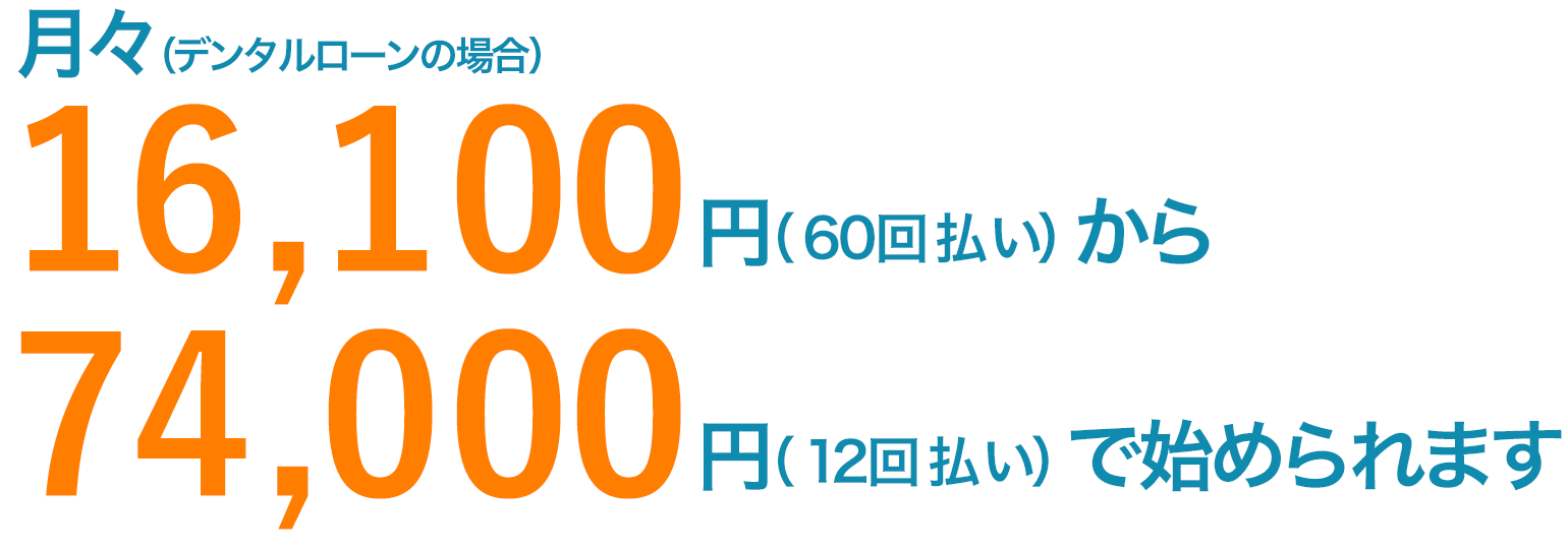 月々16,100円（60回払い）から74,000円（12回払い）（デンタルローンの場合）で始められます