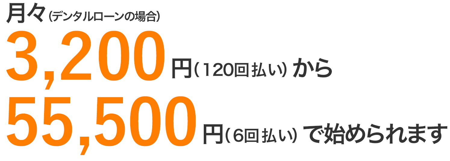 月々3,200円（120回払い）から55,500円（6回払い）（デンタルローンの場合）で始められます